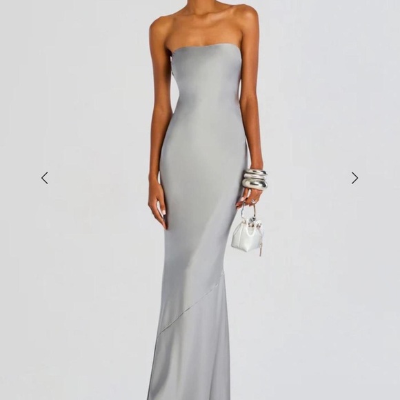 Retrofete Silver Strapless Satin Column Gown - Picture 2 of 5